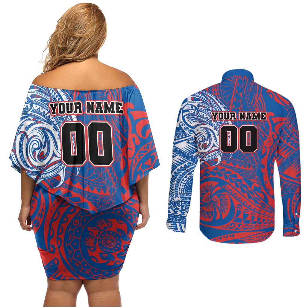 Personalized Newcastle Knights Couples Matching Off Shoulder Short Dress and Long Sleeve Button Shirt Polynesian Tribal Chest and Sleeve Tattoo