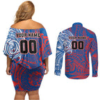 Personalized Newcastle Knights Couples Matching Off Shoulder Short Dress and Long Sleeve Button Shirt Polynesian Tribal Chest and Sleeve Tattoo