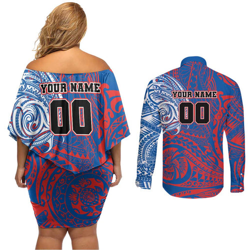 Personalized Newcastle Knights Couples Matching Off Shoulder Short Dress and Long Sleeve Button Shirt Polynesian Tribal Chest and Sleeve Tattoo