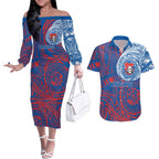 Personalized Newcastle Knights Couples Matching Off The Shoulder Long Sleeve Dress and Hawaiian Shirt Polynesian Tribal Chest and Sleeve Tattoo