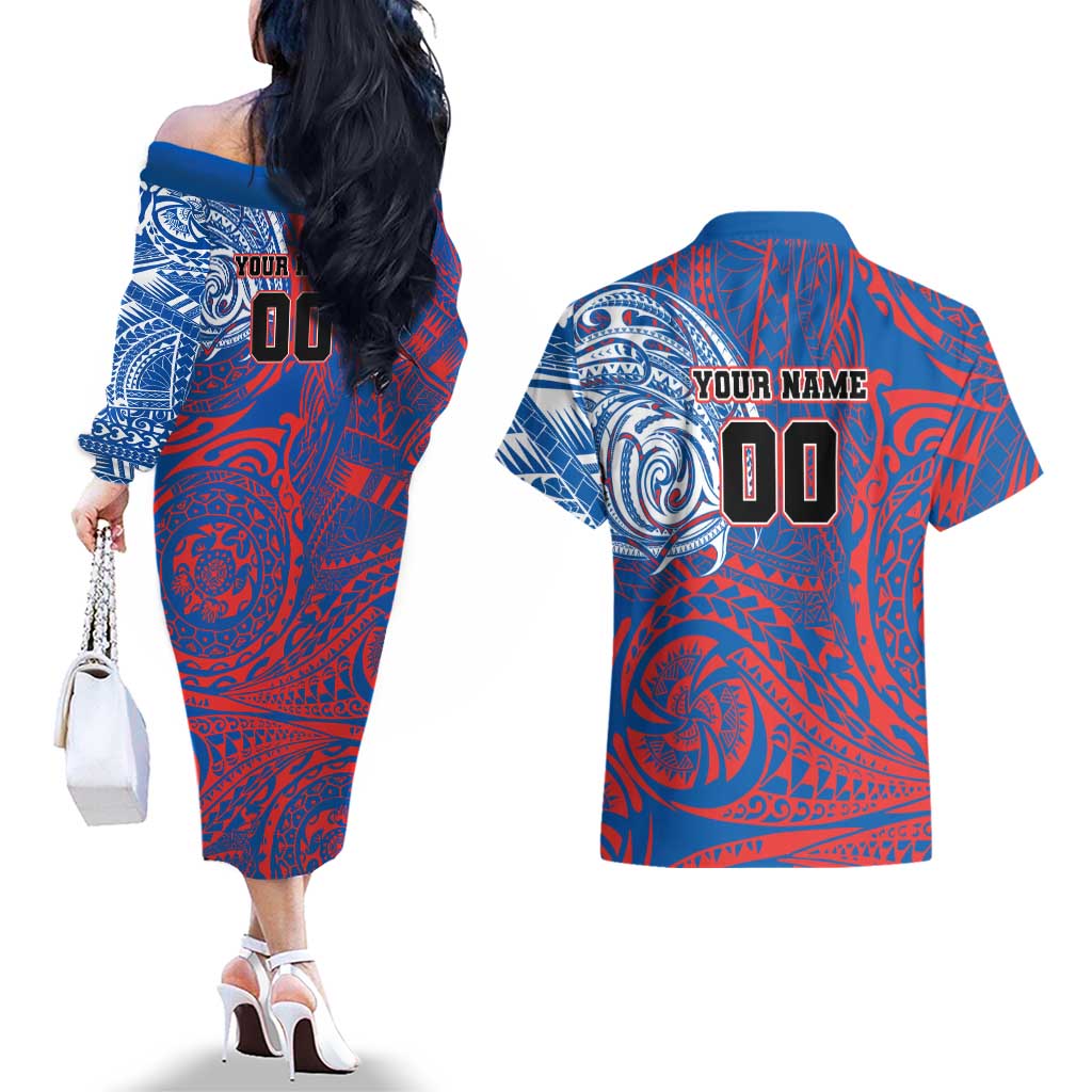 Personalized Newcastle Knights Couples Matching Off The Shoulder Long Sleeve Dress and Hawaiian Shirt Polynesian Tribal Chest and Sleeve Tattoo