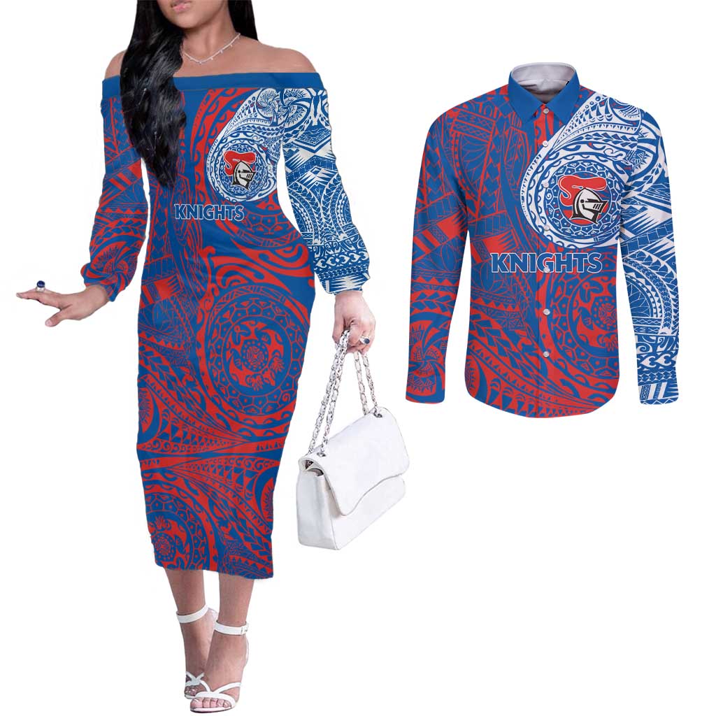 Personalized Newcastle Knights Couples Matching Off The Shoulder Long Sleeve Dress and Long Sleeve Button Shirt Polynesian Tribal Chest and Sleeve Tattoo