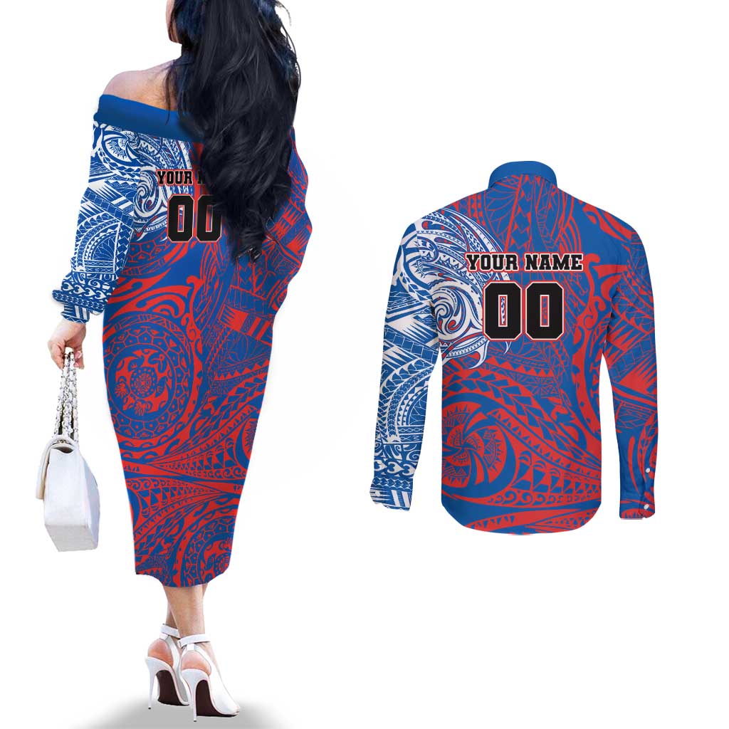 Personalized Newcastle Knights Couples Matching Off The Shoulder Long Sleeve Dress and Long Sleeve Button Shirt Polynesian Tribal Chest and Sleeve Tattoo