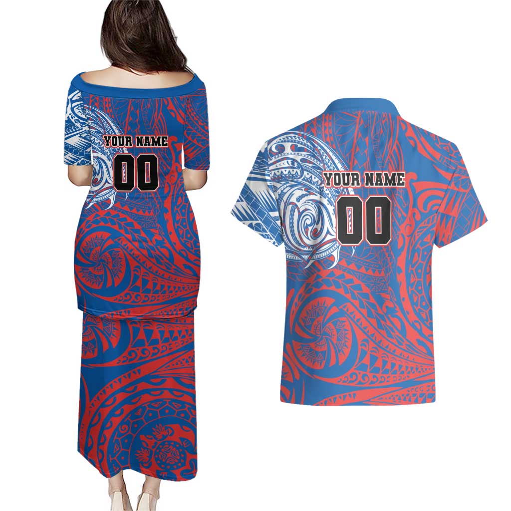 Personalized Newcastle Knights Couples Matching Puletasi and Hawaiian Shirt Polynesian Tribal Chest and Sleeve Tattoo