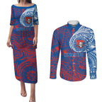 Personalized Newcastle Knights Couples Matching Puletasi and Long Sleeve Button Shirt Polynesian Tribal Chest and Sleeve Tattoo