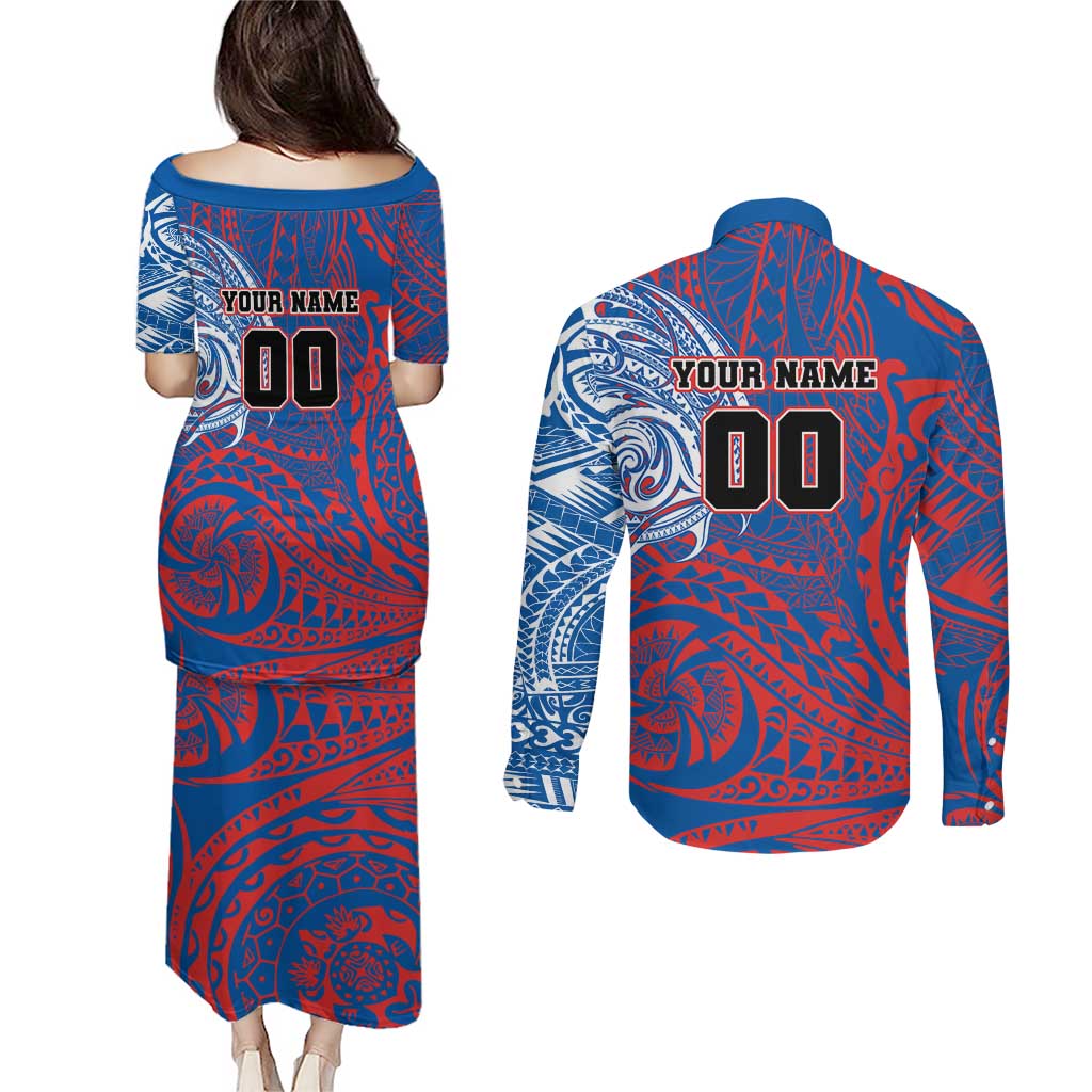 Personalized Newcastle Knights Couples Matching Puletasi and Long Sleeve Button Shirt Polynesian Tribal Chest and Sleeve Tattoo
