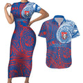 Personalized Newcastle Knights Couples Matching Short Sleeve Bodycon Dress and Hawaiian Shirt Polynesian Tribal Chest and Sleeve Tattoo