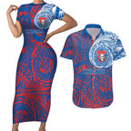 Personalized Newcastle Knights Couples Matching Short Sleeve Bodycon Dress and Hawaiian Shirt Polynesian Tribal Chest and Sleeve Tattoo