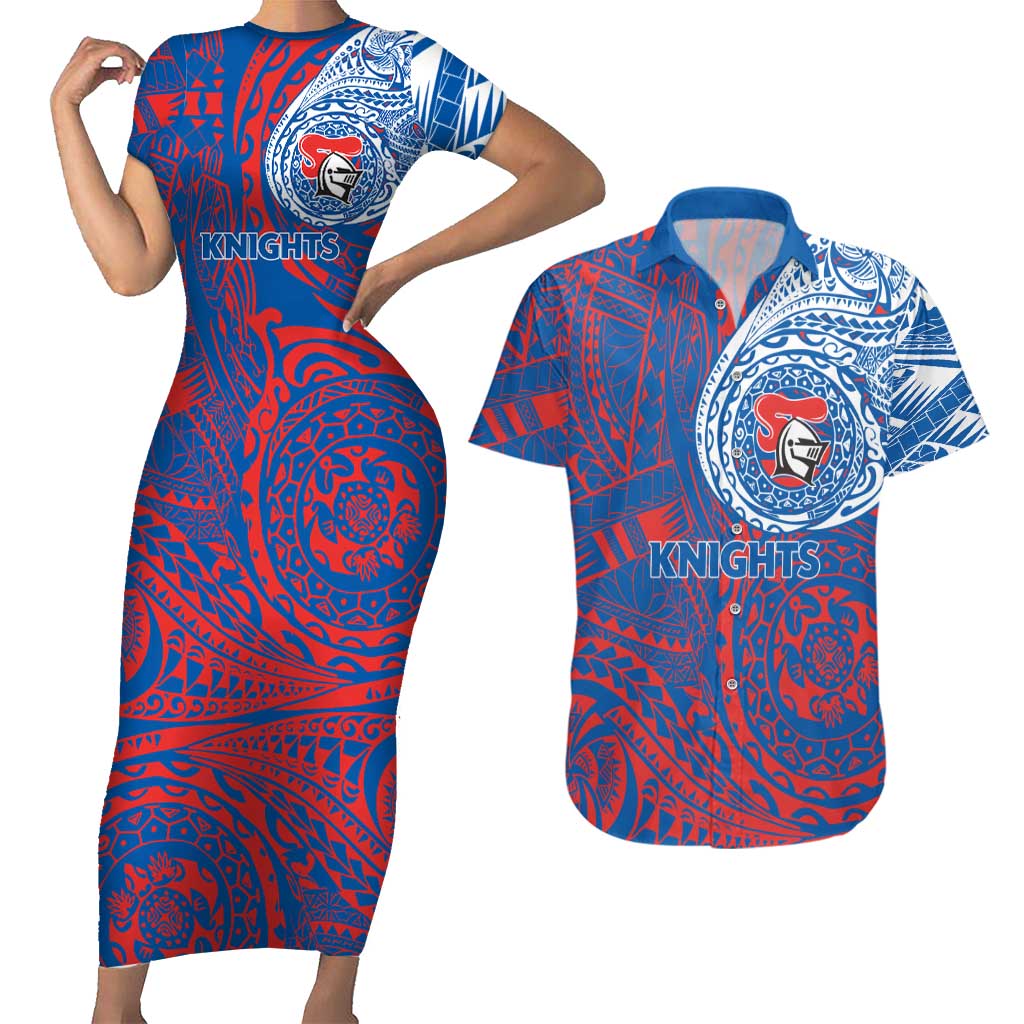 Personalized Newcastle Knights Couples Matching Short Sleeve Bodycon Dress and Hawaiian Shirt Polynesian Tribal Chest and Sleeve Tattoo