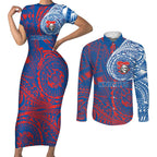 Personalized Newcastle Knights Couples Matching Short Sleeve Bodycon Dress and Long Sleeve Button Shirt Polynesian Tribal Chest and Sleeve Tattoo