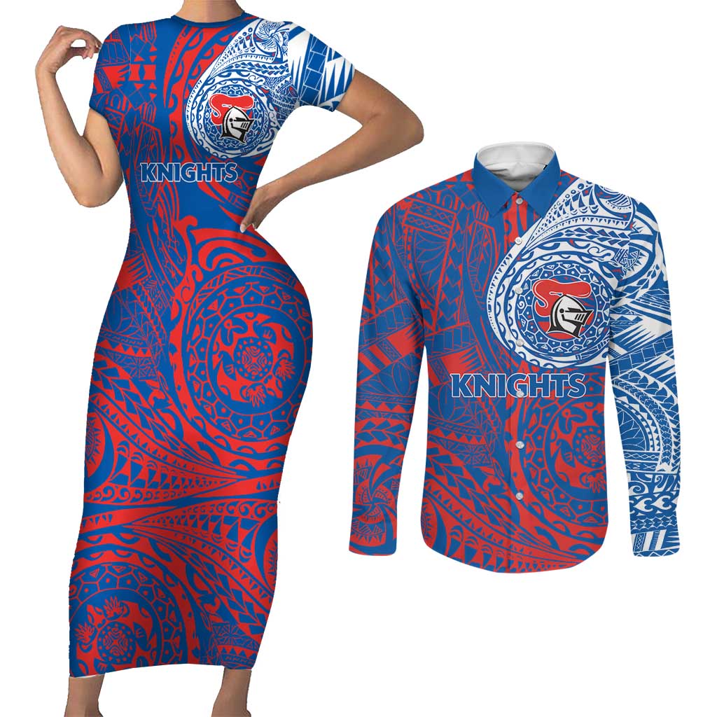 Personalized Newcastle Knights Couples Matching Short Sleeve Bodycon Dress and Long Sleeve Button Shirt Polynesian Tribal Chest and Sleeve Tattoo