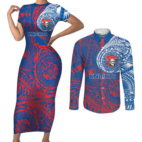 Personalized Newcastle Knights Couples Matching Short Sleeve Bodycon Dress and Long Sleeve Button Shirt Polynesian Tribal Chest and Sleeve Tattoo