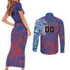 Personalized Newcastle Knights Couples Matching Short Sleeve Bodycon Dress and Long Sleeve Button Shirt Polynesian Tribal Chest and Sleeve Tattoo