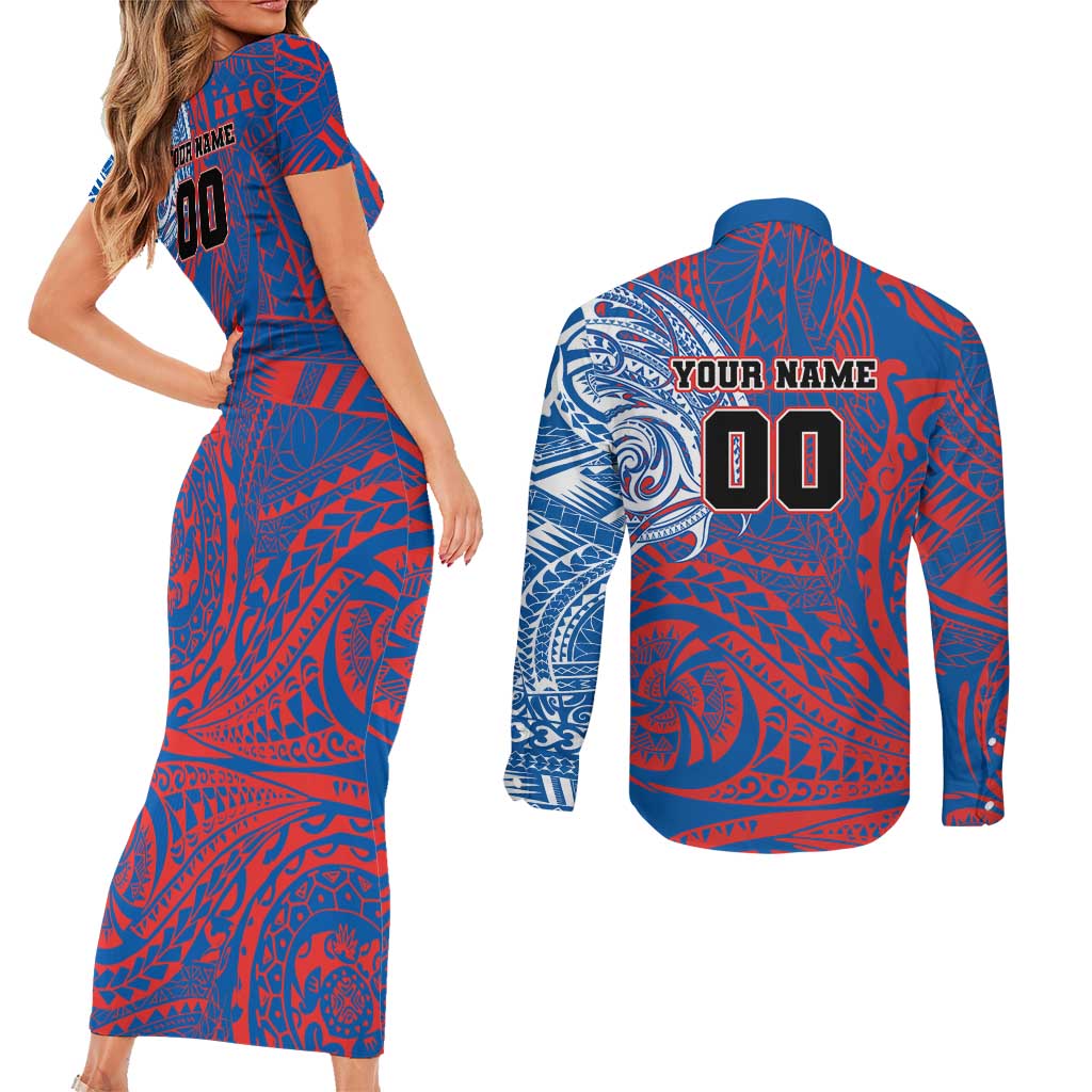 Personalized Newcastle Knights Couples Matching Short Sleeve Bodycon Dress and Long Sleeve Button Shirt Polynesian Tribal Chest and Sleeve Tattoo