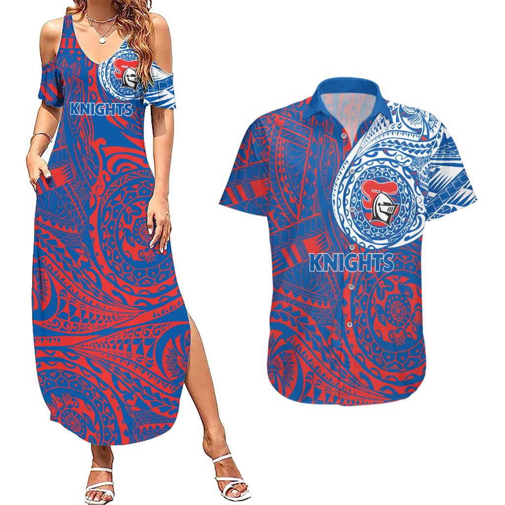 Personalized Newcastle Knights Couples Matching Summer Maxi Dress and Hawaiian Shirt Polynesian Tribal Chest and Sleeve Tattoo