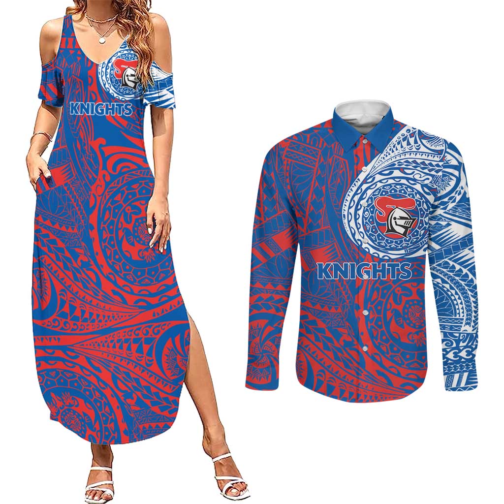 Personalized Newcastle Knights Couples Matching Summer Maxi Dress and Long Sleeve Button Shirt Polynesian Tribal Chest and Sleeve Tattoo