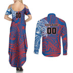 Personalized Newcastle Knights Couples Matching Summer Maxi Dress and Long Sleeve Button Shirt Polynesian Tribal Chest and Sleeve Tattoo