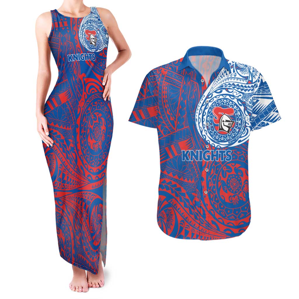 Personalized Newcastle Knights Couples Matching Tank Maxi Dress and Hawaiian Shirt Polynesian Tribal Chest and Sleeve Tattoo