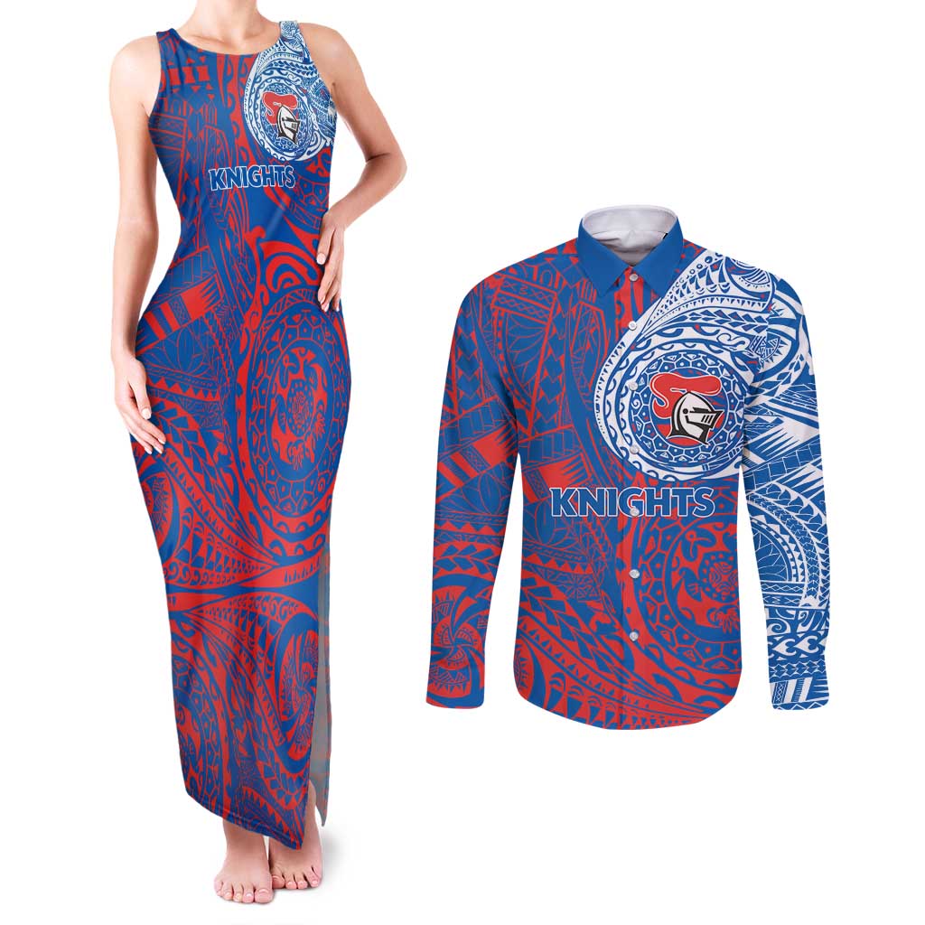 Personalized Newcastle Knights Couples Matching Tank Maxi Dress and Long Sleeve Button Shirt Polynesian Tribal Chest and Sleeve Tattoo
