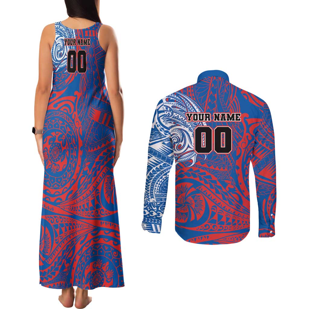 Personalized Newcastle Knights Couples Matching Tank Maxi Dress and Long Sleeve Button Shirt Polynesian Tribal Chest and Sleeve Tattoo