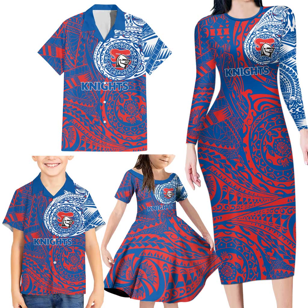Personalized Newcastle Knights Family Matching Long Sleeve Bodycon Dress and Hawaiian Shirt Polynesian Tribal Chest and Sleeve Tattoo