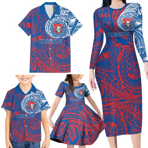 Personalized Newcastle Knights Family Matching Long Sleeve Bodycon Dress and Hawaiian Shirt Polynesian Tribal Chest and Sleeve Tattoo