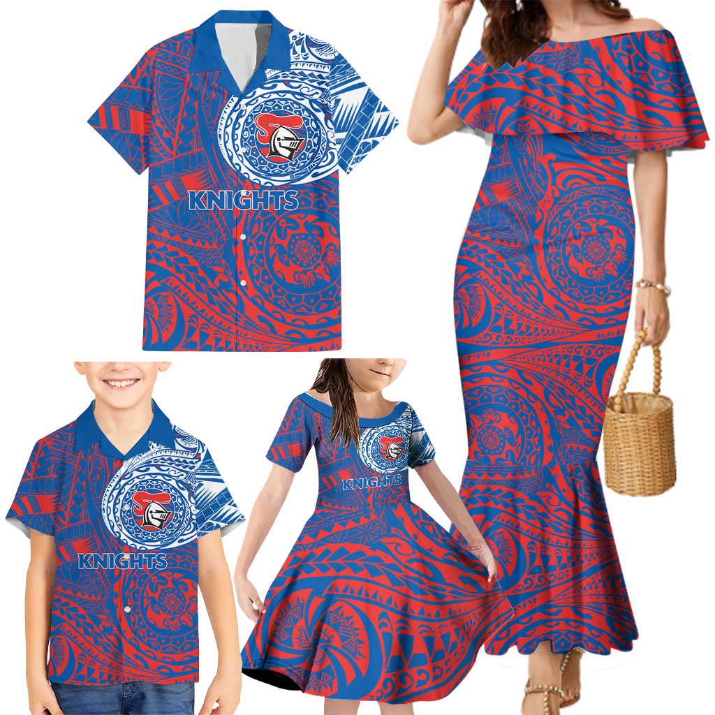 Personalized Newcastle Knights Family Matching Mermaid Dress and Hawaiian Shirt Polynesian Tribal Chest and Sleeve Tattoo