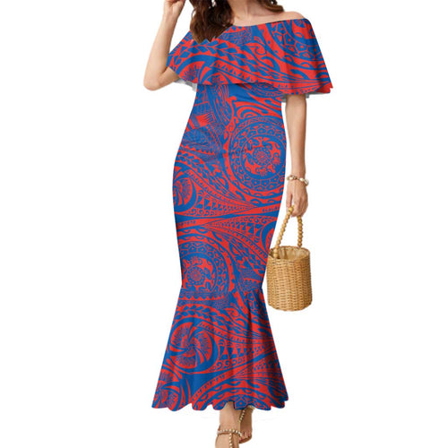 Personalized Newcastle Knights Family Matching Mermaid Dress and Hawaiian Shirt Polynesian Tribal Chest and Sleeve Tattoo
