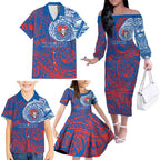 Personalized Newcastle Knights Family Matching Off The Shoulder Long Sleeve Dress and Hawaiian Shirt Polynesian Tribal Chest and Sleeve Tattoo