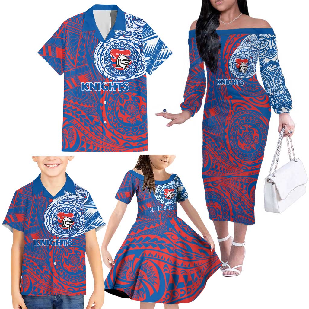 Personalized Newcastle Knights Family Matching Off The Shoulder Long Sleeve Dress and Hawaiian Shirt Polynesian Tribal Chest and Sleeve Tattoo
