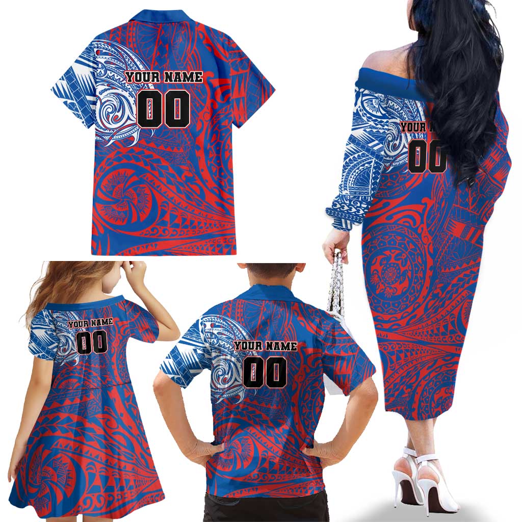 Personalized Newcastle Knights Family Matching Off The Shoulder Long Sleeve Dress and Hawaiian Shirt Polynesian Tribal Chest and Sleeve Tattoo