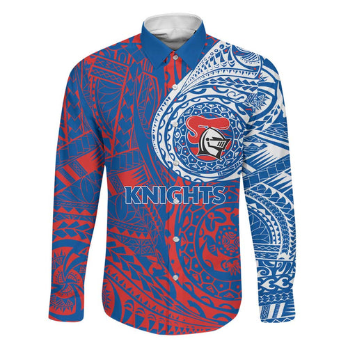 Personalized Newcastle Knights Family Matching Off The Shoulder Long Sleeve Dress and Hawaiian Shirt Polynesian Tribal Chest and Sleeve Tattoo