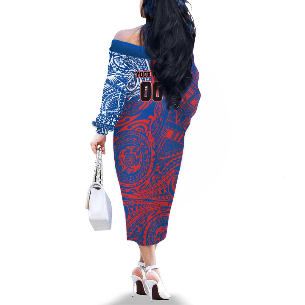 Personalized Newcastle Knights Family Matching Off The Shoulder Long Sleeve Dress and Hawaiian Shirt Polynesian Tribal Chest and Sleeve Tattoo