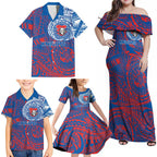 Personalized Newcastle Knights Family Matching Off Shoulder Maxi Dress and Hawaiian Shirt Polynesian Tribal Chest and Sleeve Tattoo