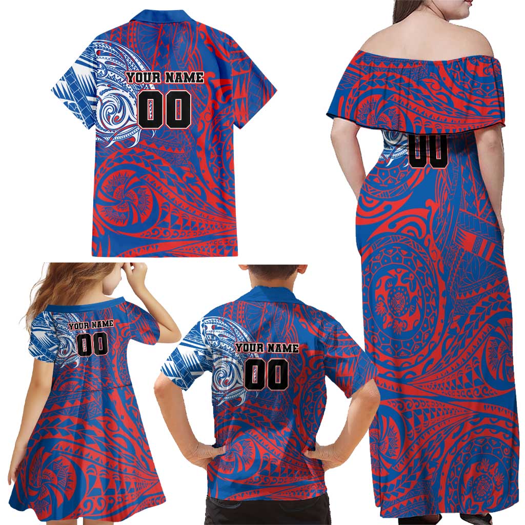 Personalized Newcastle Knights Family Matching Off Shoulder Maxi Dress and Hawaiian Shirt Polynesian Tribal Chest and Sleeve Tattoo