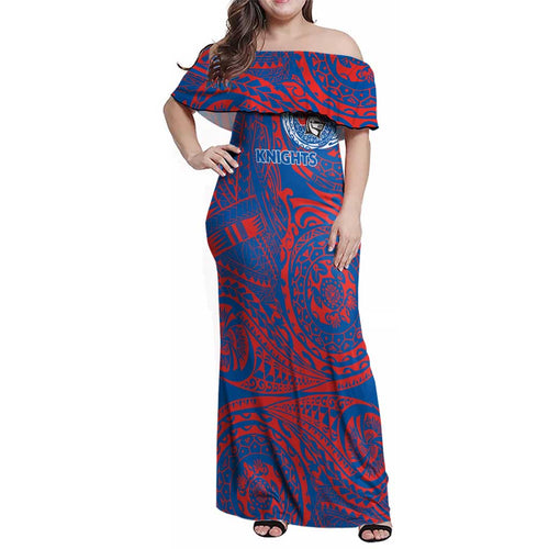 Personalized Newcastle Knights Family Matching Off Shoulder Maxi Dress and Hawaiian Shirt Polynesian Tribal Chest and Sleeve Tattoo