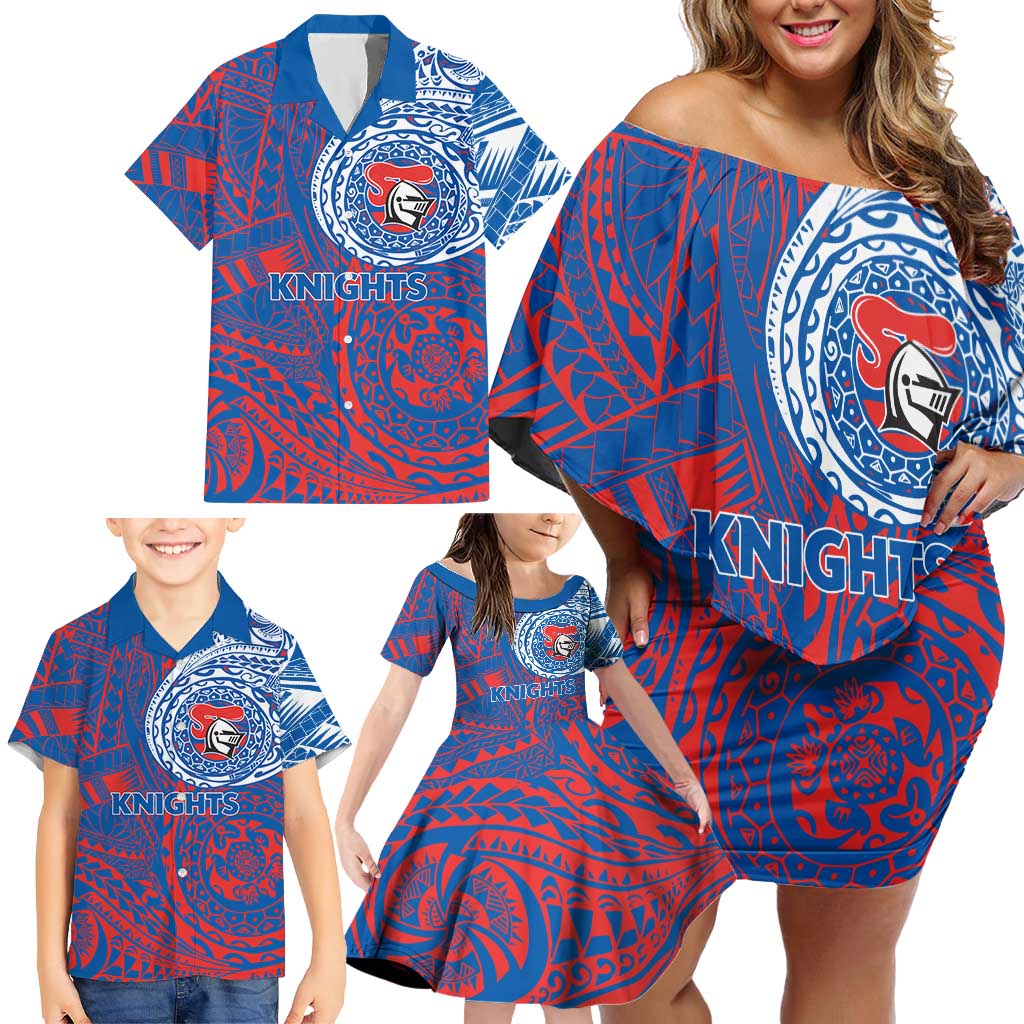 Personalized Newcastle Knights Family Matching Off Shoulder Short Dress and Hawaiian Shirt Polynesian Tribal Chest and Sleeve Tattoo