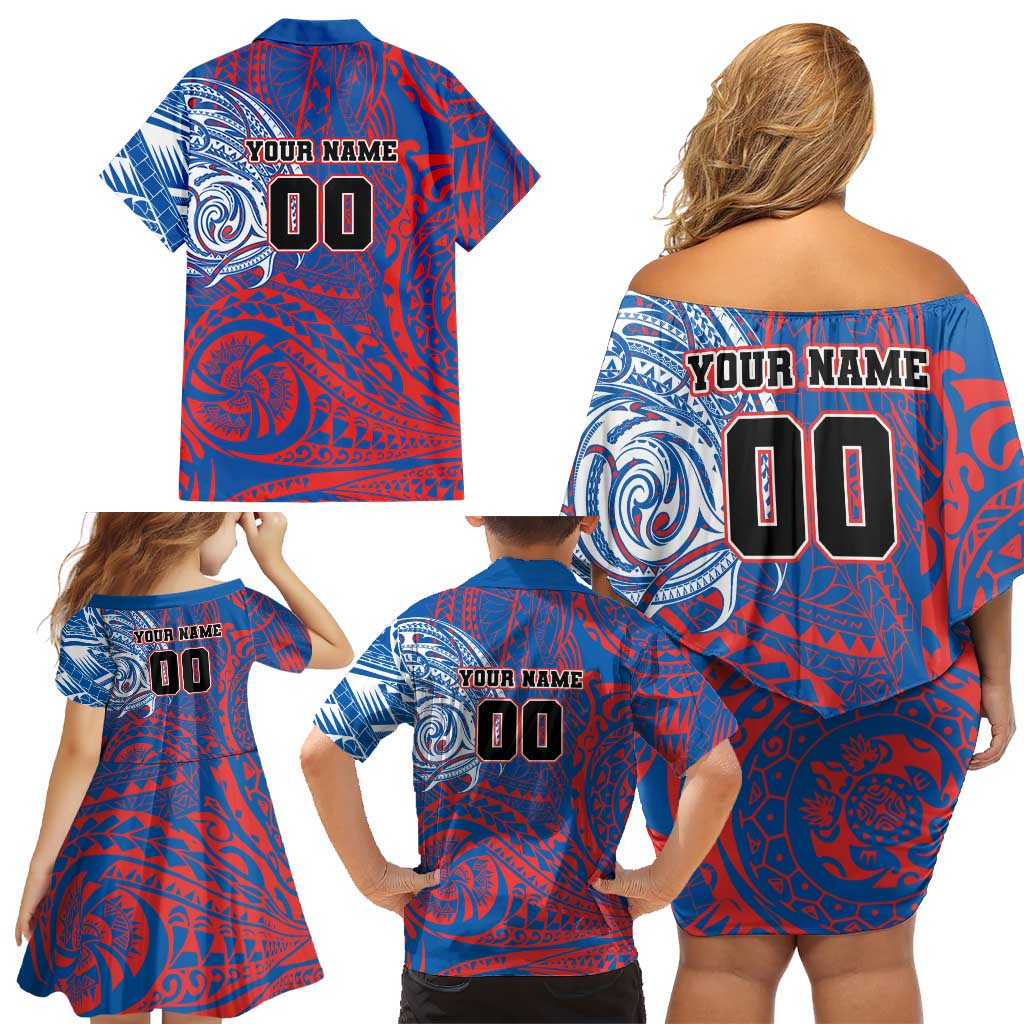 Personalized Newcastle Knights Family Matching Off Shoulder Short Dress and Hawaiian Shirt Polynesian Tribal Chest and Sleeve Tattoo