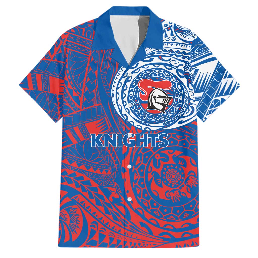 Personalized Newcastle Knights Family Matching Off Shoulder Short Dress and Hawaiian Shirt Polynesian Tribal Chest and Sleeve Tattoo