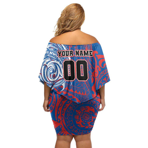 Personalized Newcastle Knights Family Matching Off Shoulder Short Dress and Hawaiian Shirt Polynesian Tribal Chest and Sleeve Tattoo