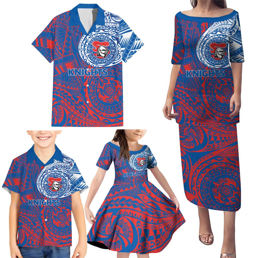 Personalized Newcastle Knights Family Matching Puletasi and Hawaiian Shirt Polynesian Tribal Chest and Sleeve Tattoo