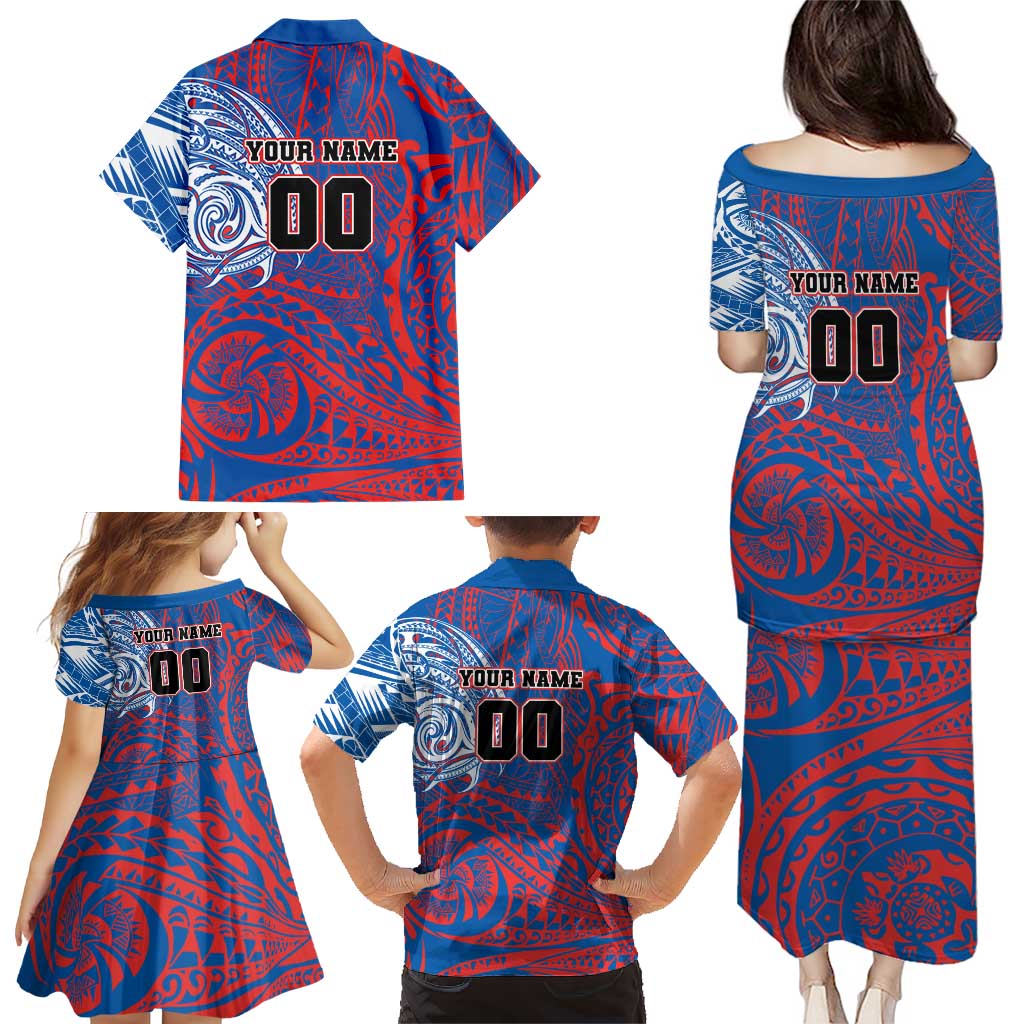 Personalized Newcastle Knights Family Matching Puletasi and Hawaiian Shirt Polynesian Tribal Chest and Sleeve Tattoo