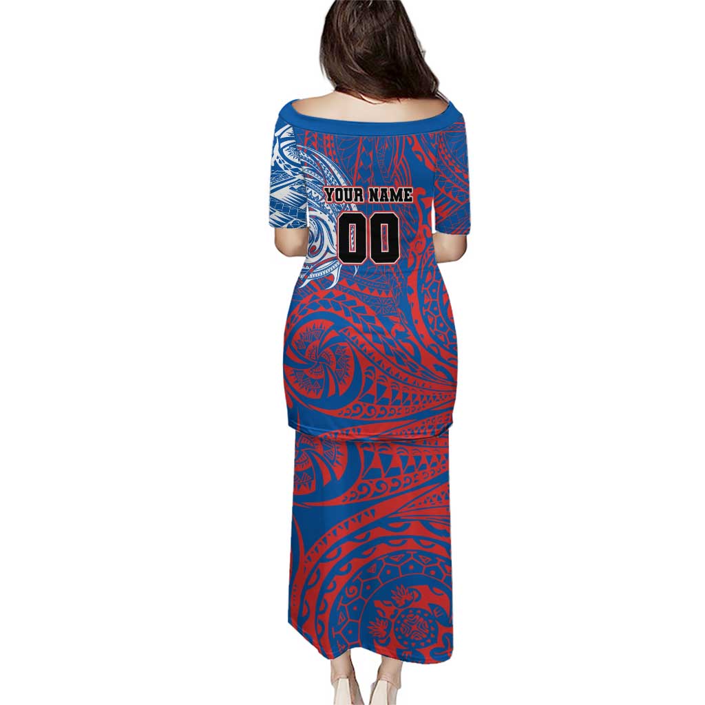 Personalized Newcastle Knights Family Matching Puletasi and Hawaiian Shirt Polynesian Tribal Chest and Sleeve Tattoo
