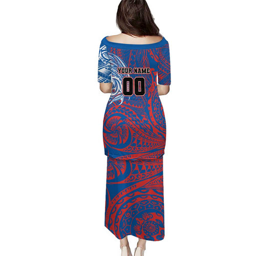Personalized Newcastle Knights Family Matching Puletasi and Hawaiian Shirt Polynesian Tribal Chest and Sleeve Tattoo
