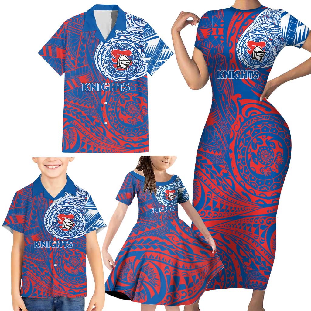 Personalized Newcastle Knights Family Matching Short Sleeve Bodycon Dress and Hawaiian Shirt Polynesian Tribal Chest and Sleeve Tattoo