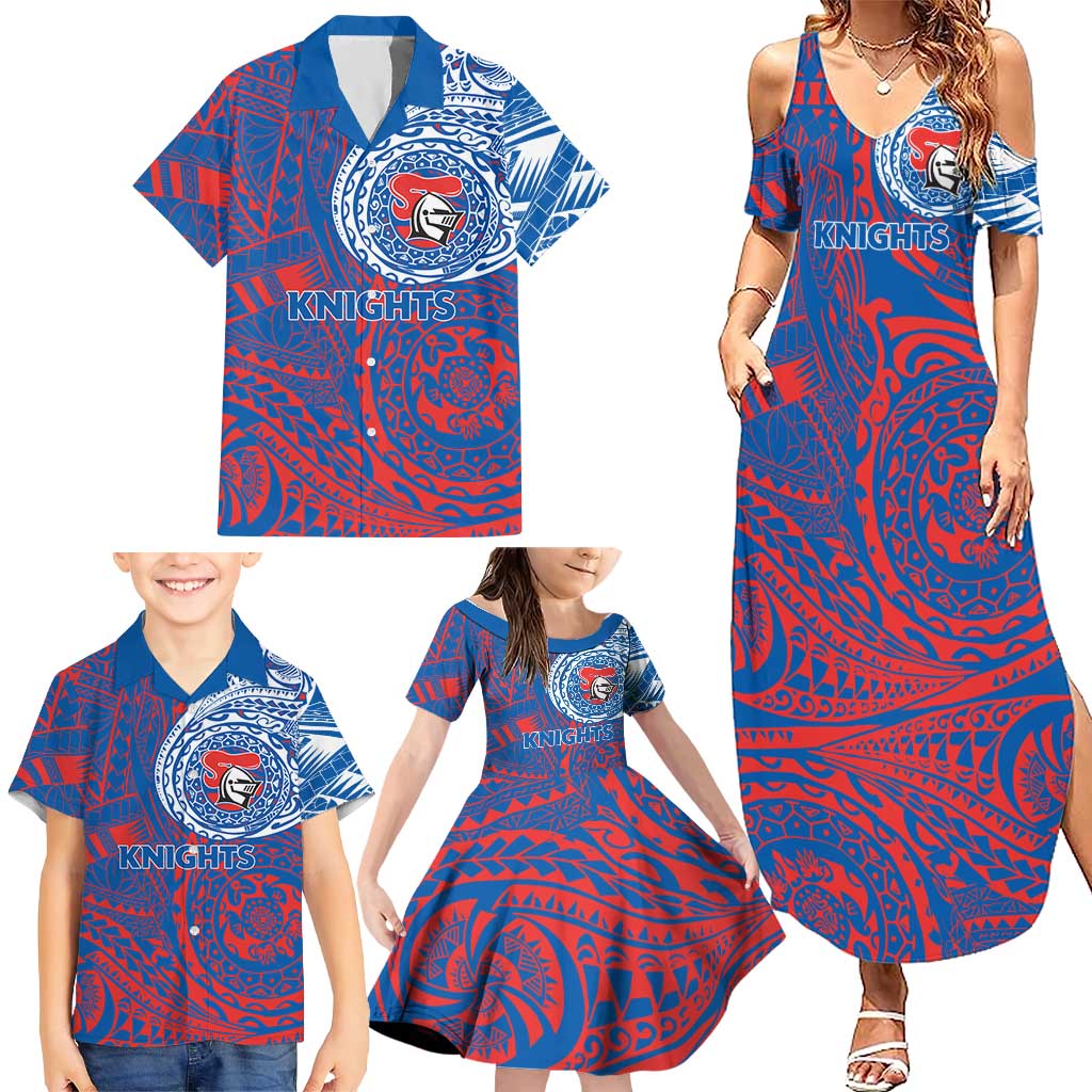 Personalized Newcastle Knights Family Matching Summer Maxi Dress and Hawaiian Shirt Polynesian Tribal Chest and Sleeve Tattoo