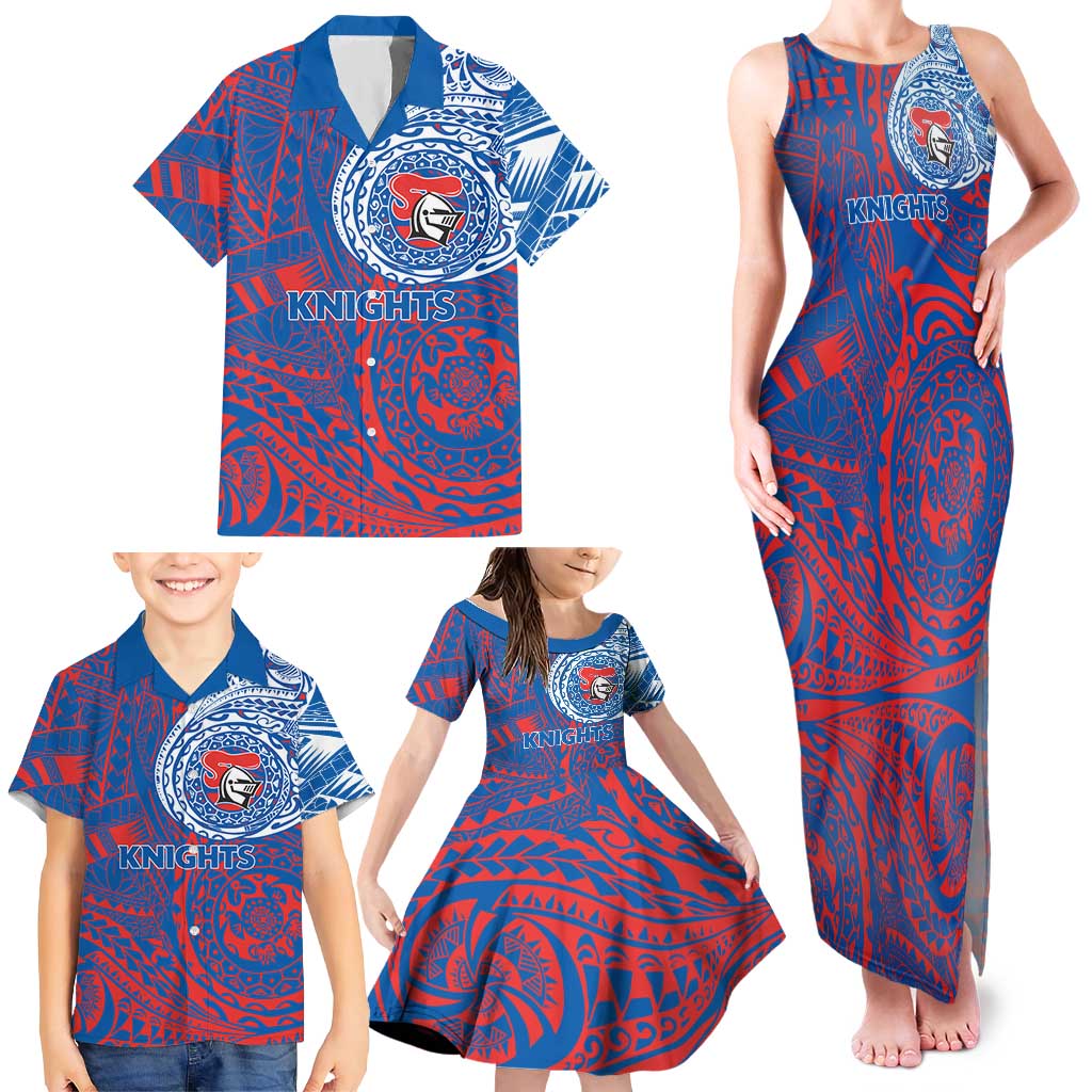 Personalized Newcastle Knights Family Matching Tank Maxi Dress and Hawaiian Shirt Polynesian Tribal Chest and Sleeve Tattoo