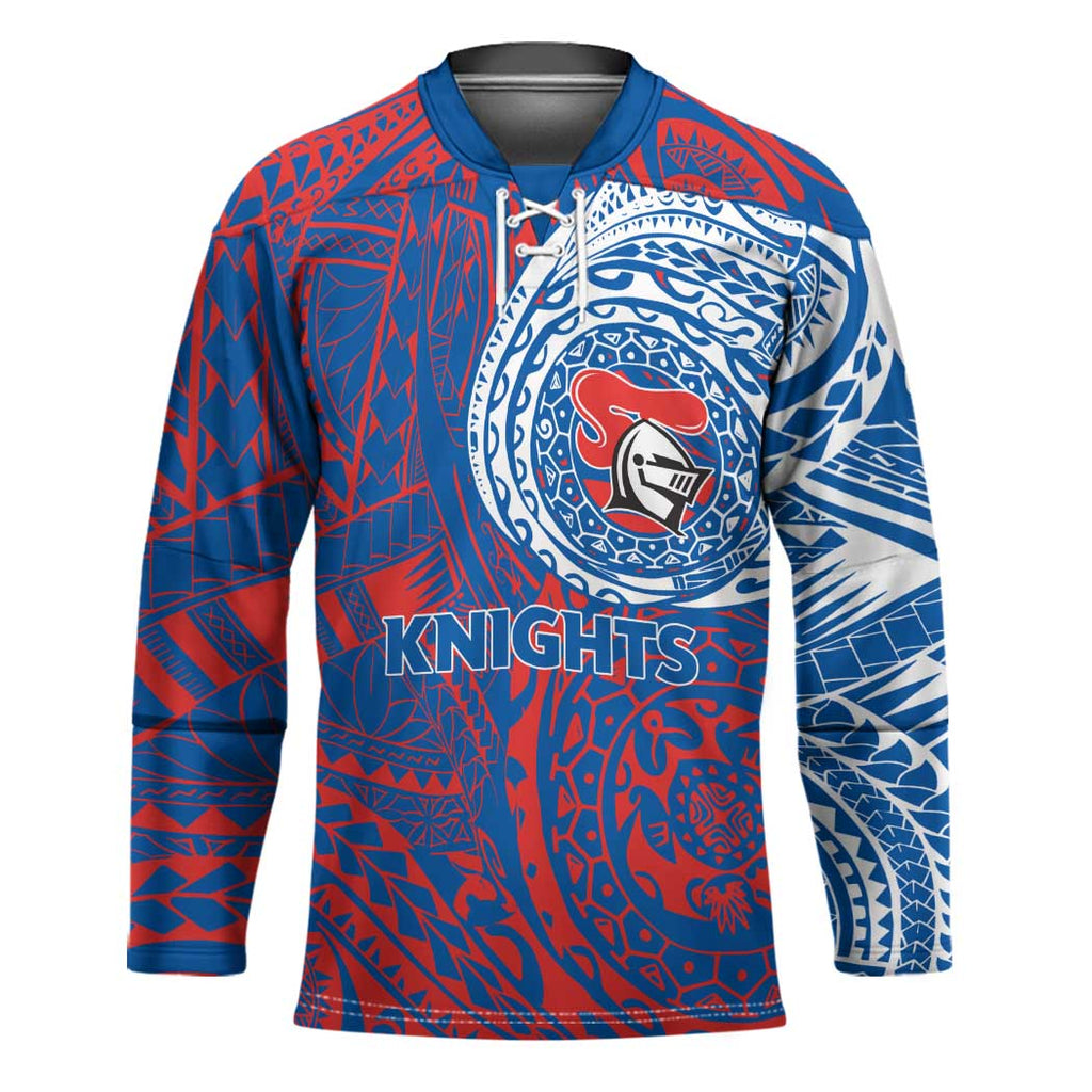 Personalized Newcastle Knights Hockey Jersey Polynesian Tribal Chest and Sleeve Tattoo