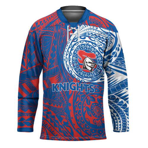 Personalized Newcastle Knights Hockey Jersey Polynesian Tribal Chest and Sleeve Tattoo