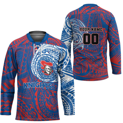 Personalized Newcastle Knights Hockey Jersey Polynesian Tribal Chest and Sleeve Tattoo